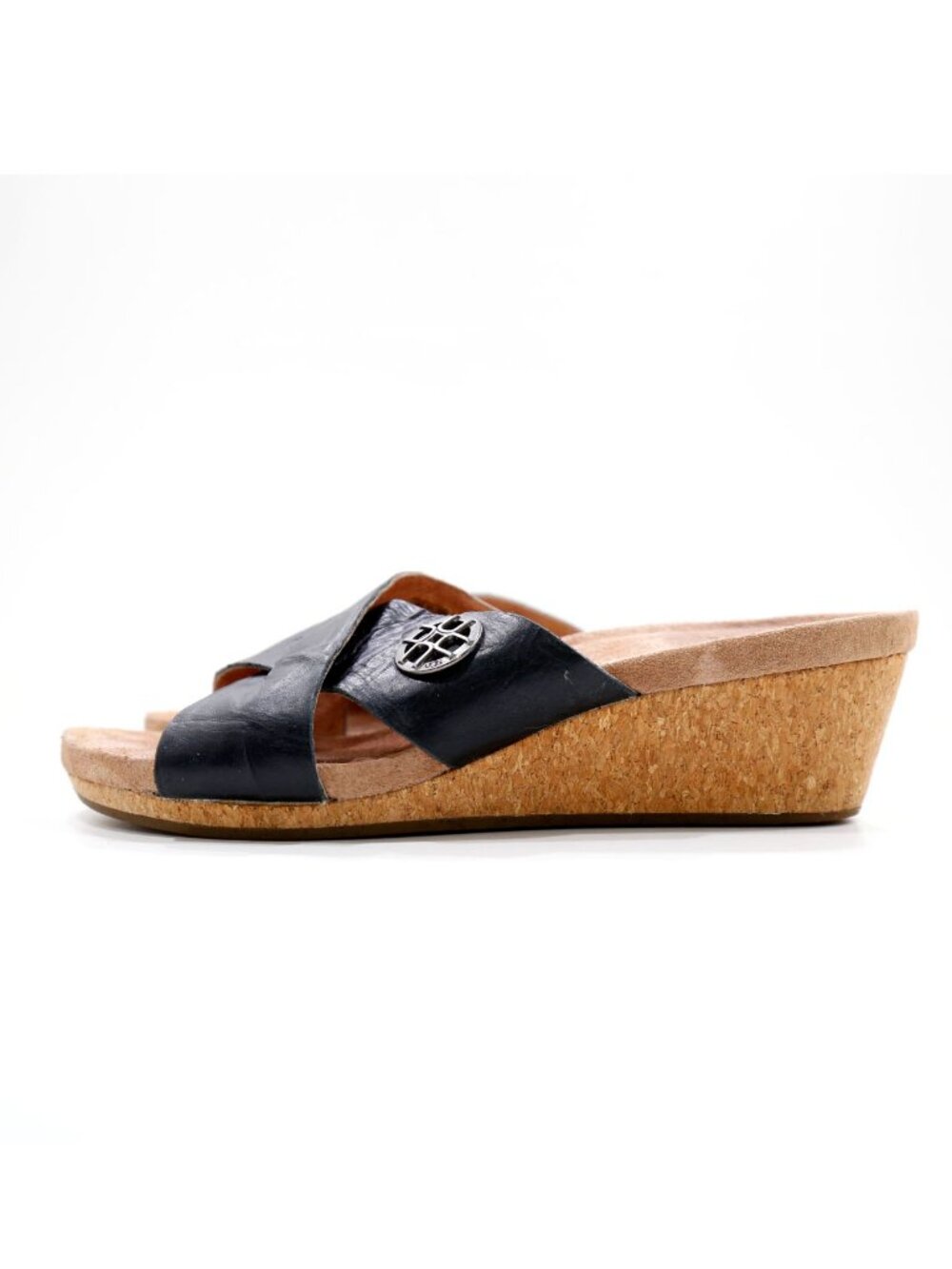 UGG Lyra Black Leather Lightweight 2" Cork Wedge Heel Sandals - 9